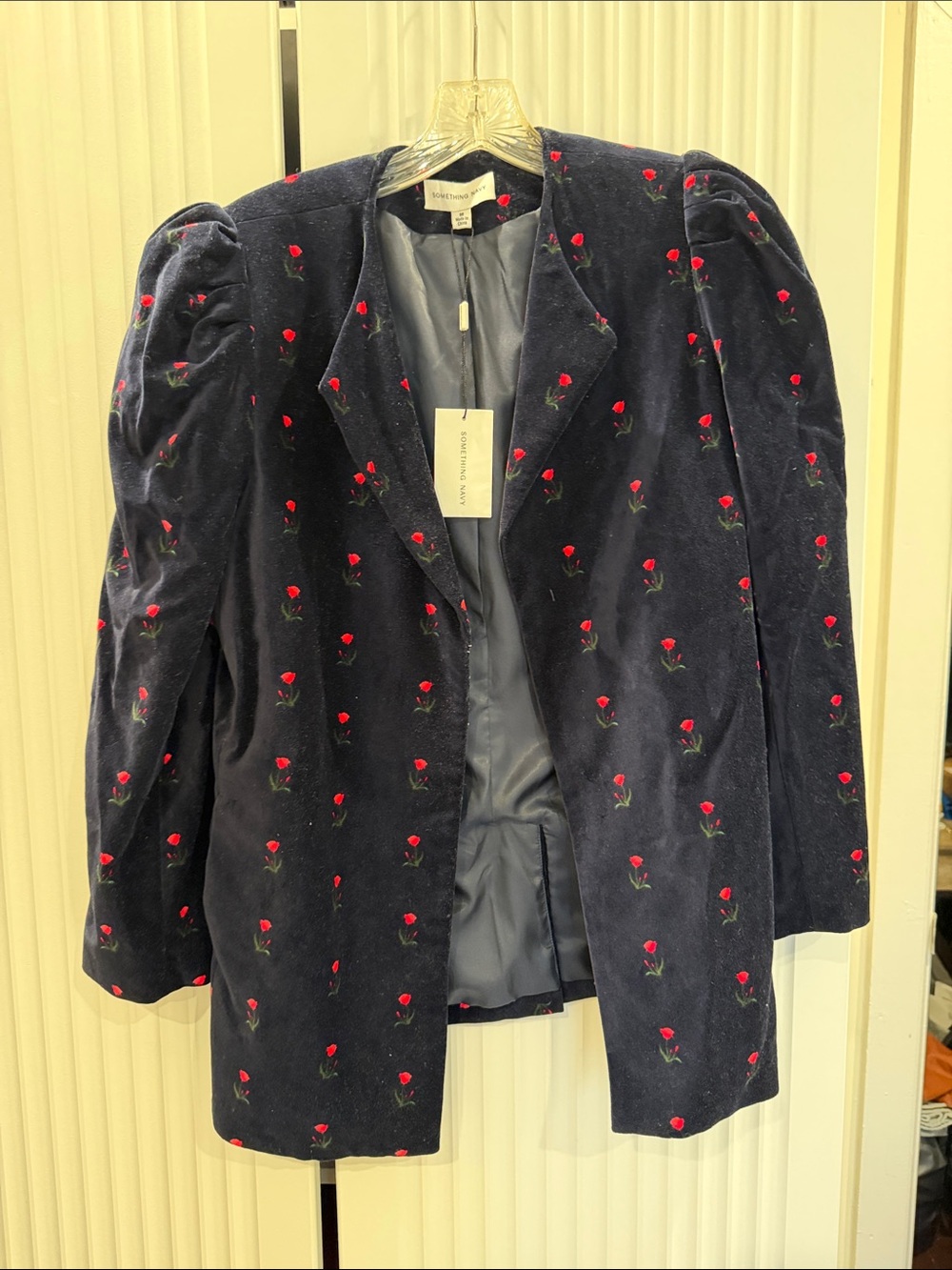 Something Navy Navy Velvet Blazer with Red Rose Motif